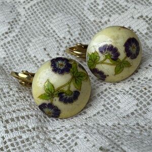 Beautiful Vintage Floral Gold & Cream Painted Ceramic Biophilic Clip On Earrings